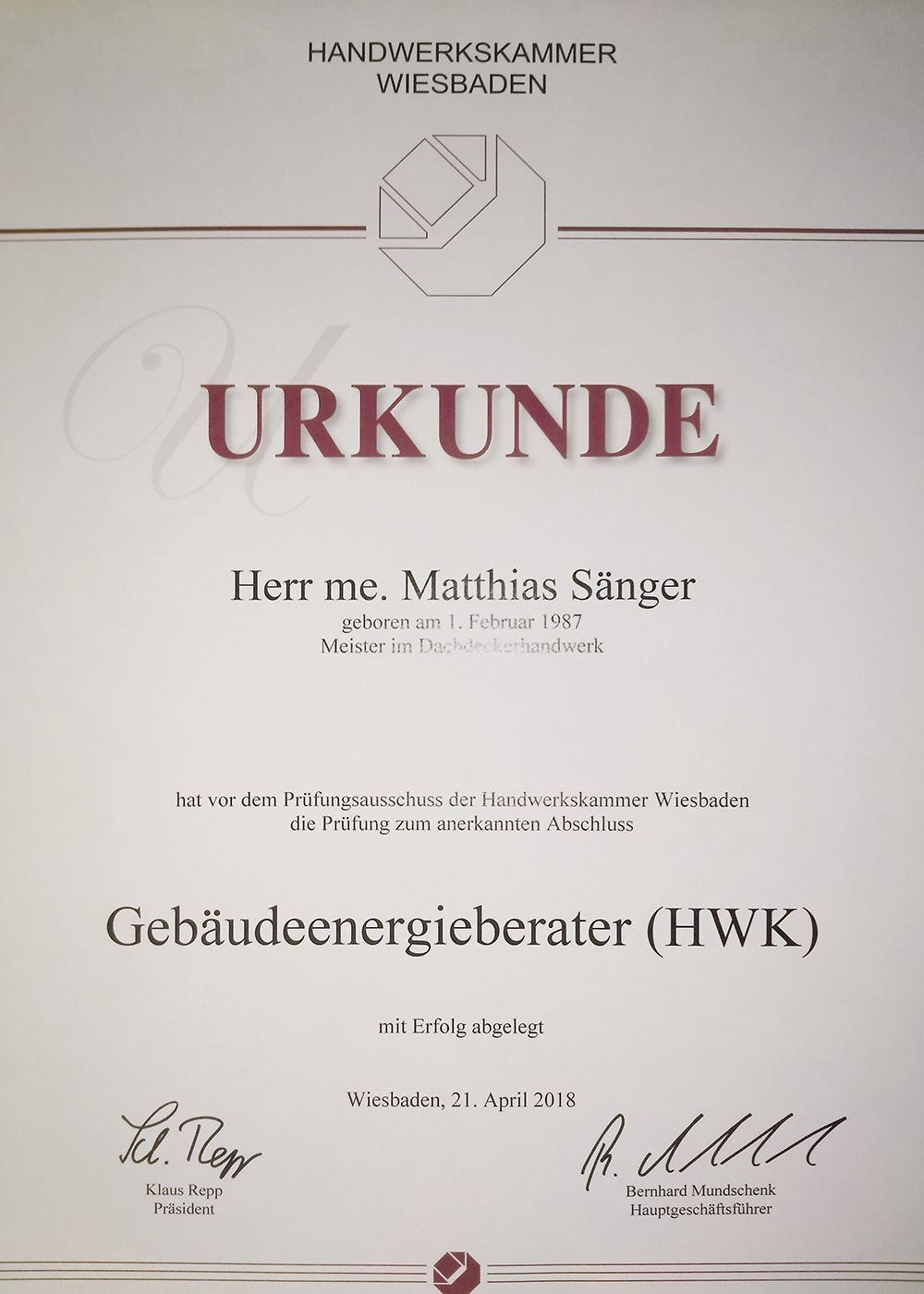 Gebäudeenergieberater HWK – Zertifikat Sänger Konzeptdach