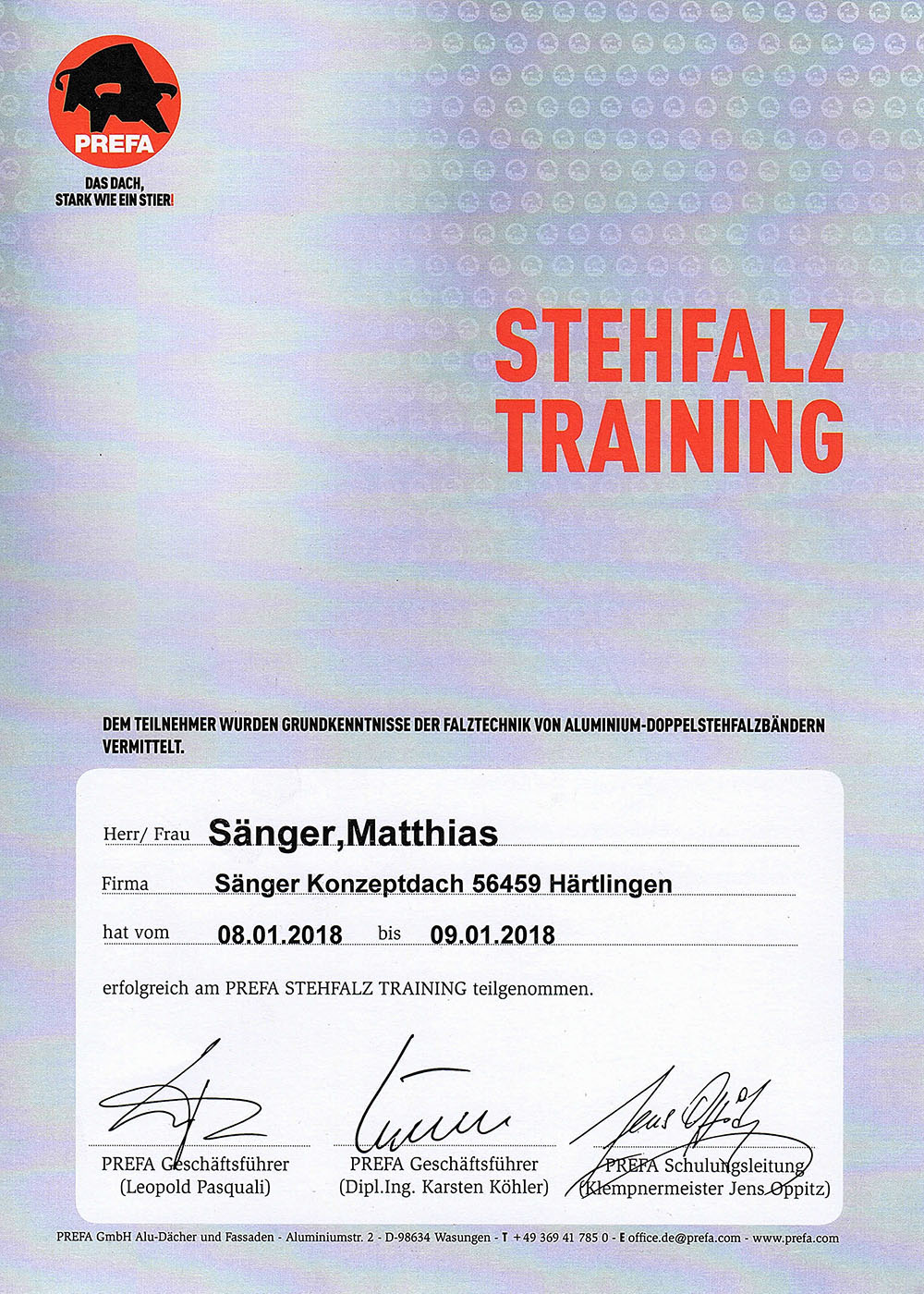 Stehfalz – Zertifikat Sänger Konzeptdach