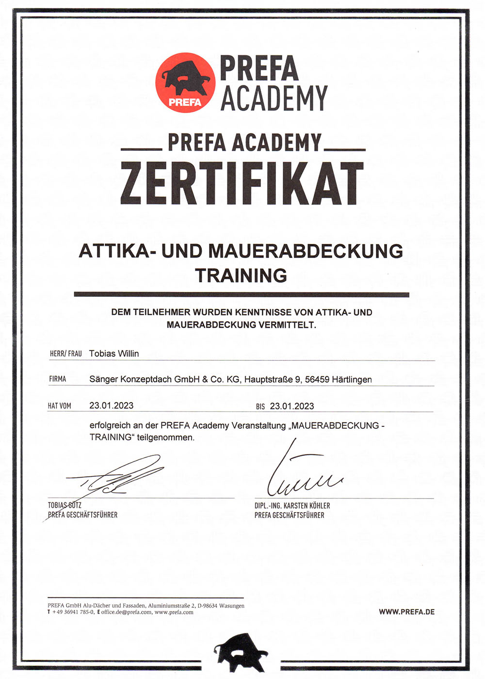 PREFA – Zertifikat Sänger Konzeptdach