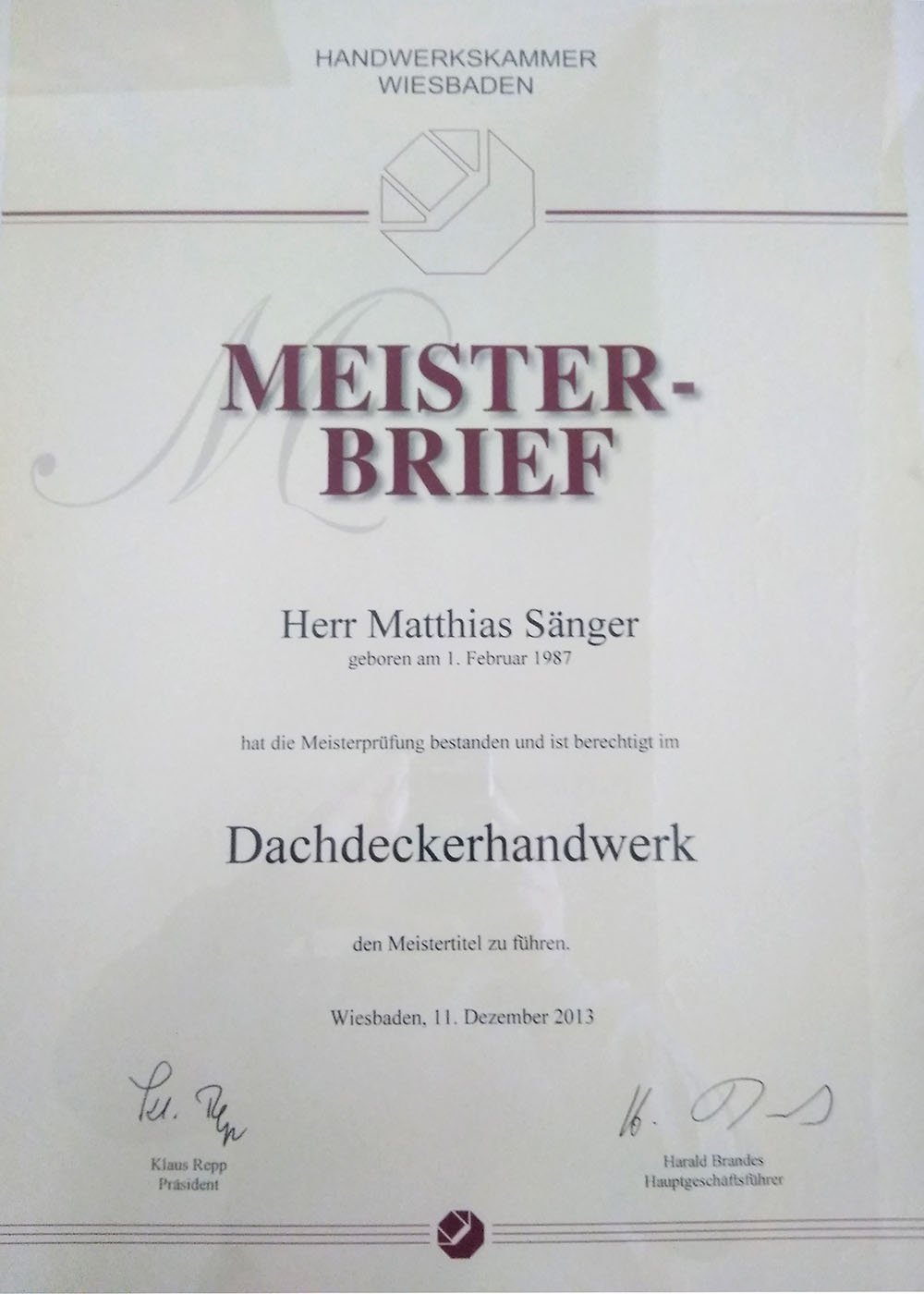 Dachdeckermeister – Zertifikat Sänger Konzeptdach
