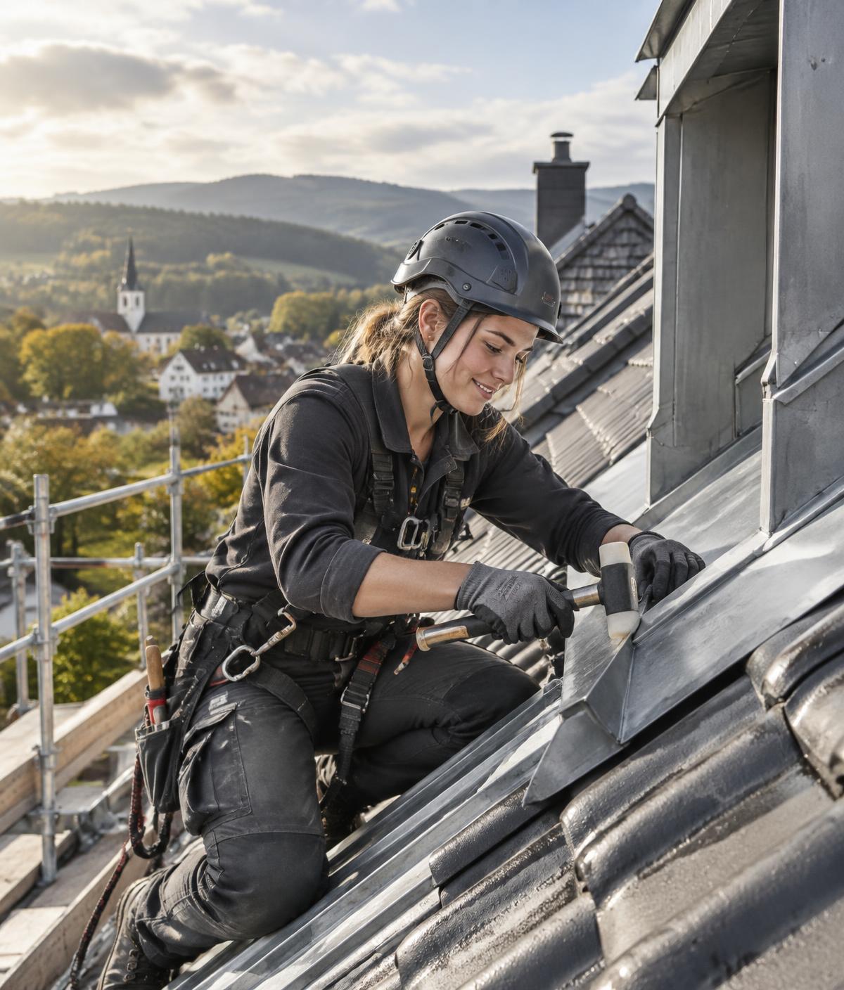 Junge Dachdeckerin bei präziser Metallarbeit